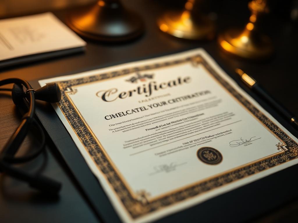 Framed academic certificate on a desk